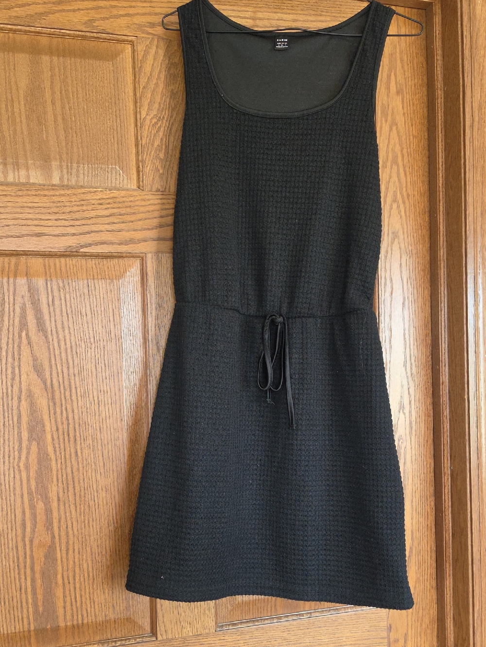 Shein Black Textured Scoop Neck Mini Dress with Waist Tie